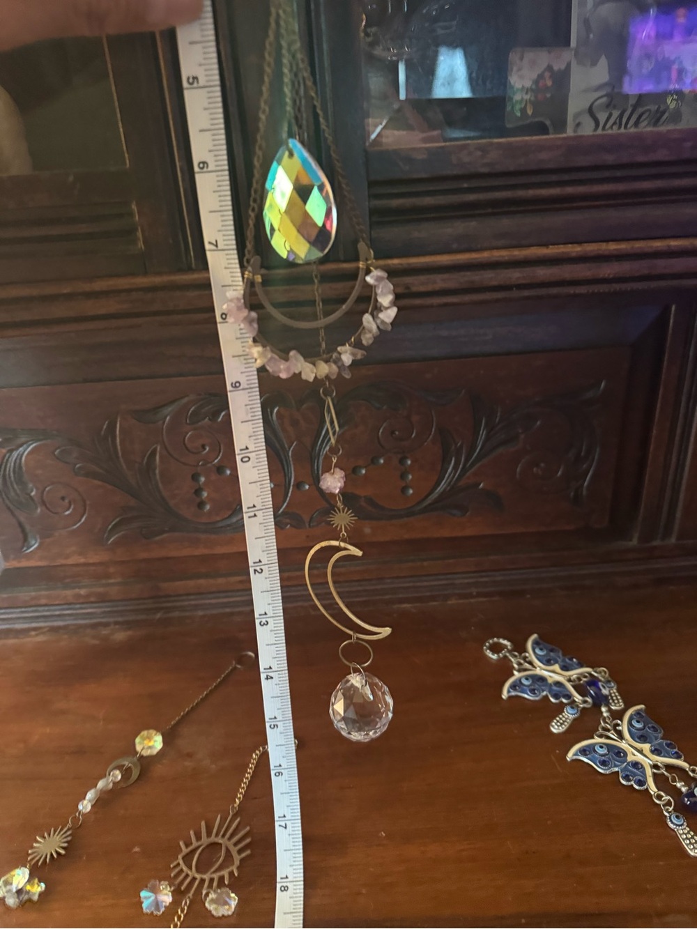 Gold Crescent Moon Pendant Necklace with Pink Rose Quartz Chips